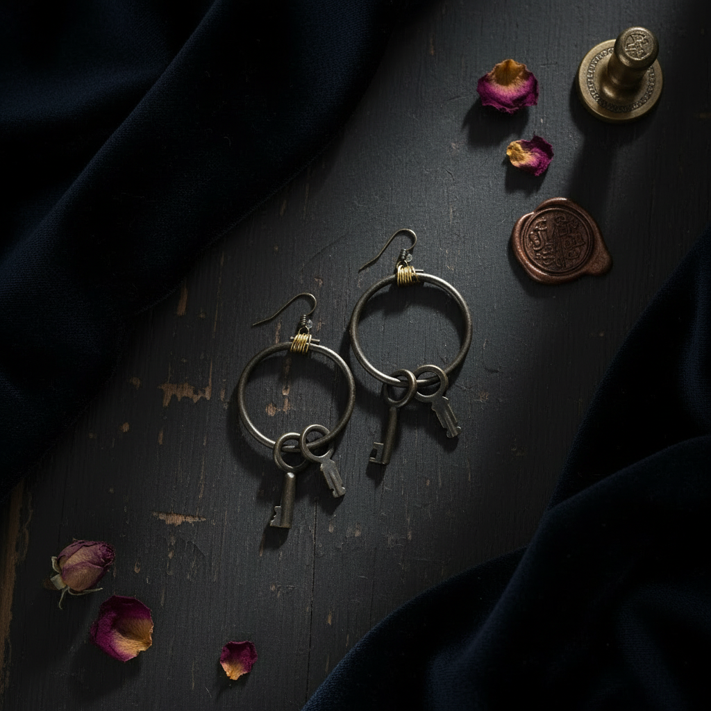 Antique Skeleton Key Hoop Earrings - Flat Lay