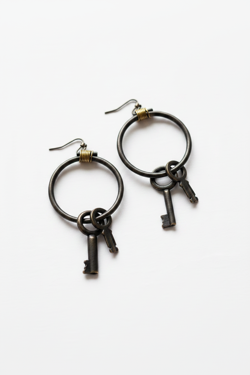 Antique Skeleton Key Hoop Earrings - Light