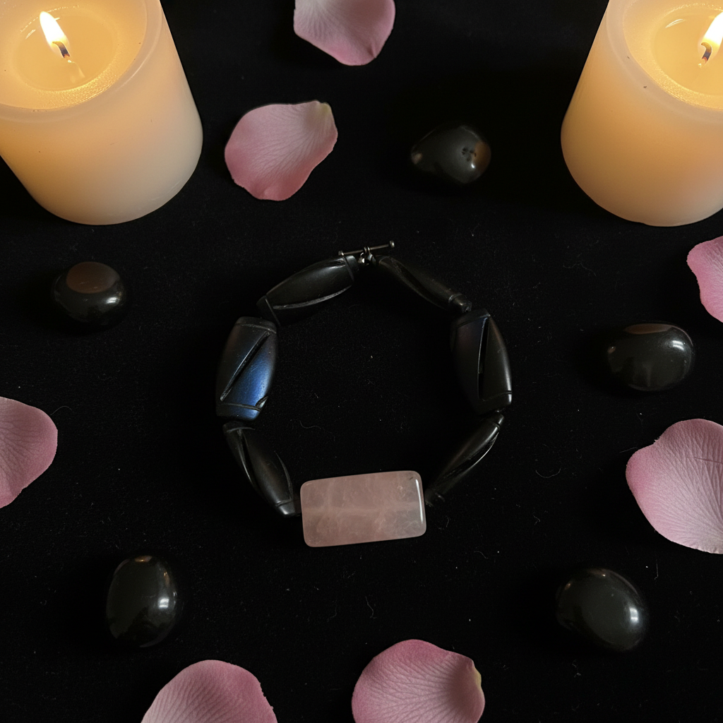 Black bead dark flat lay
