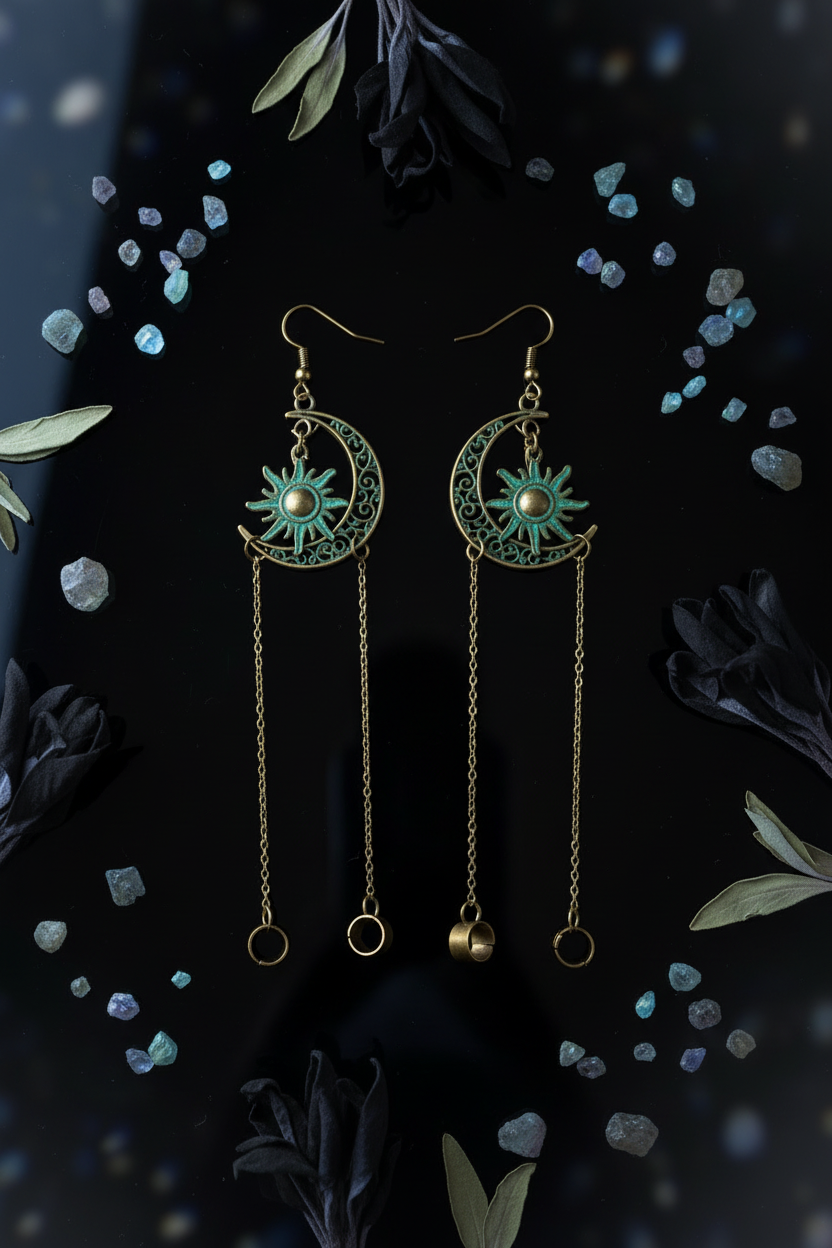 Celestial Moon & Sun Earring Pair - Obsidian Flat Lay