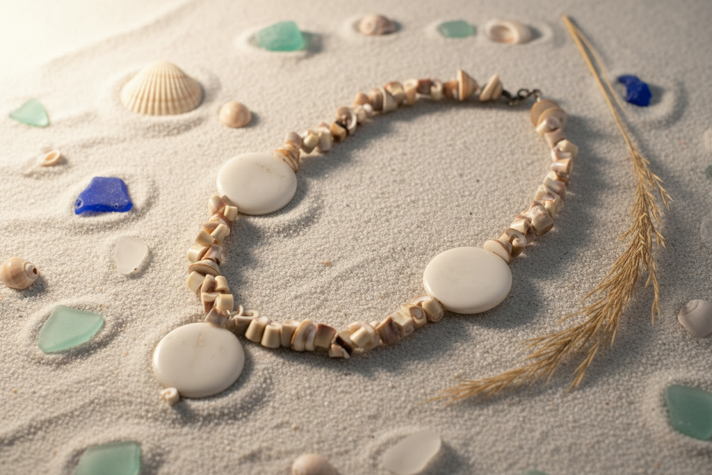 Coastal necklace beach flat lay