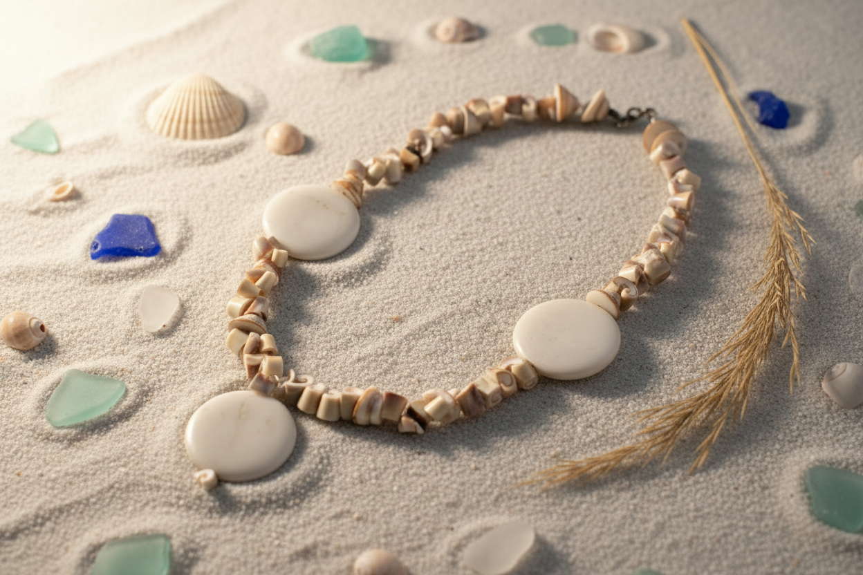 Coastal necklace beach flat lay