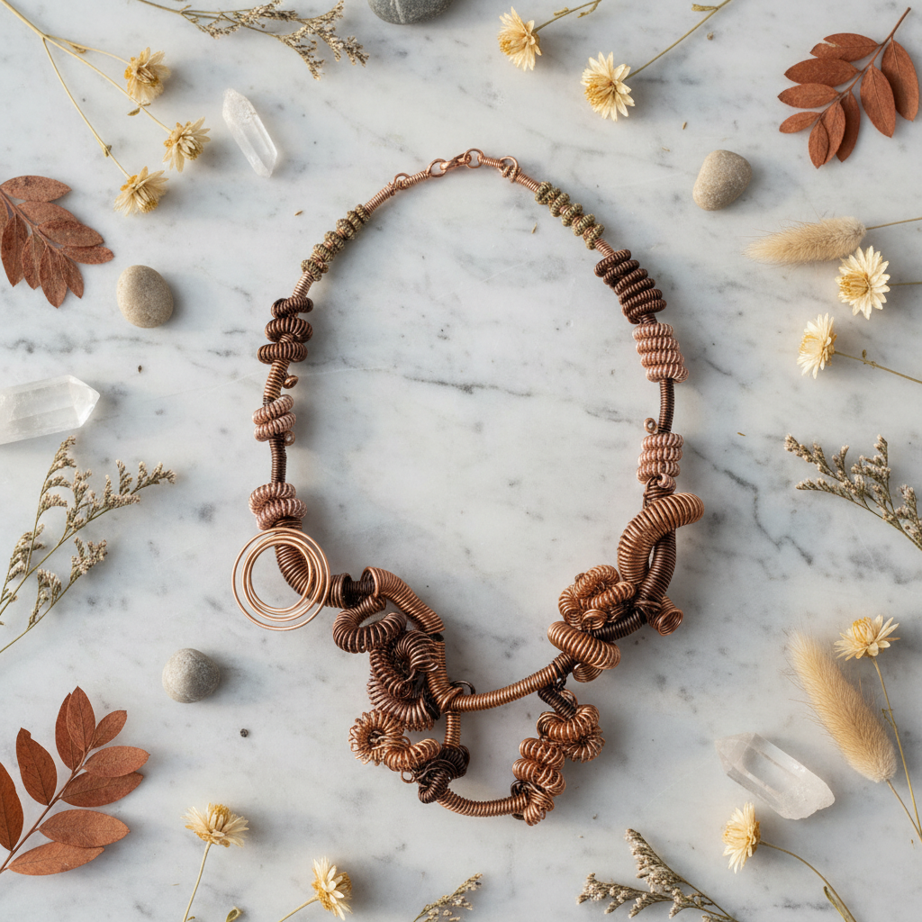 Copper necklace botanical flat lay