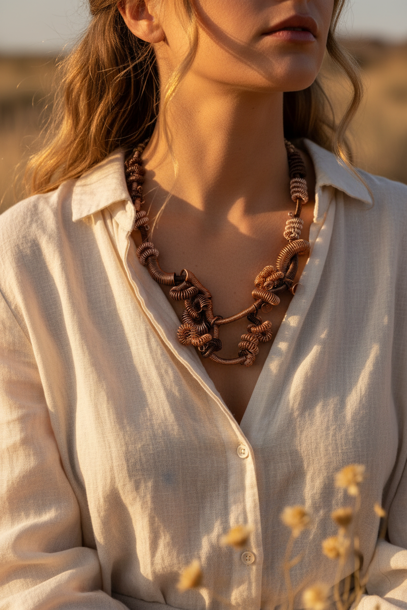 Copper necklace on model