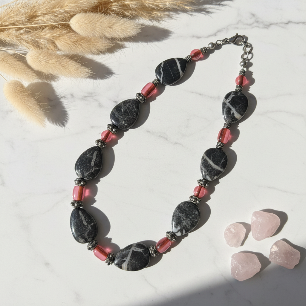 Dark Stone Pink Bead Necklace Light