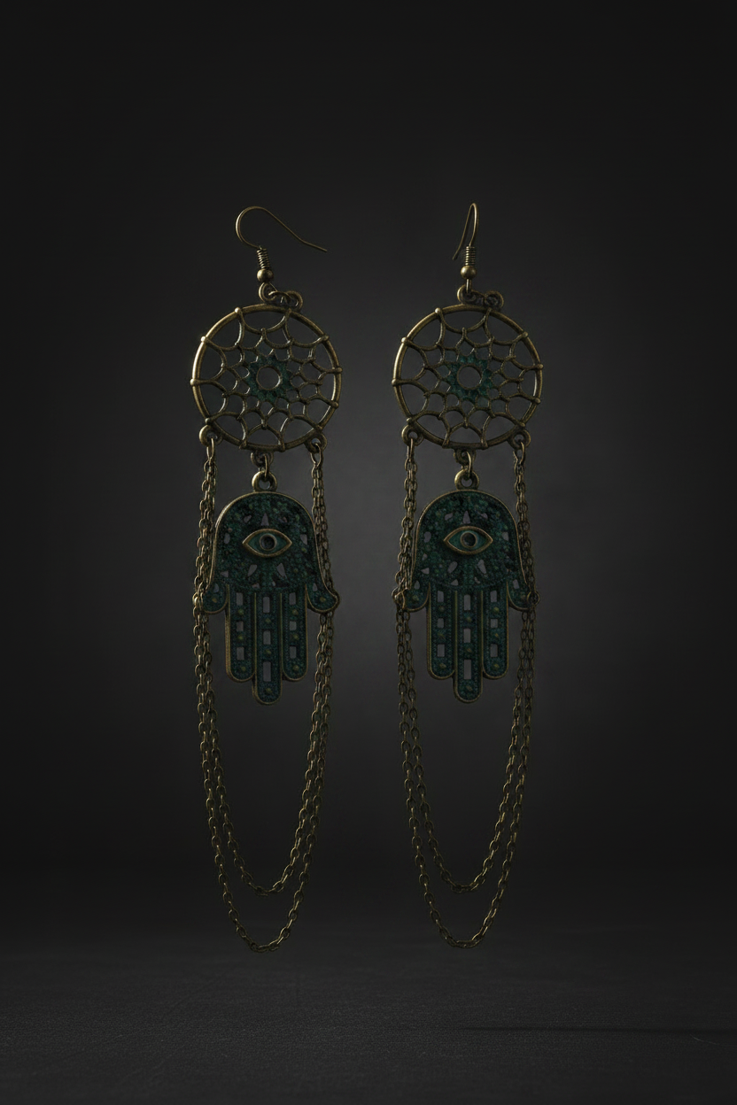 Dreamcatcher Hamsa Hand Drop Earring - Dark v2