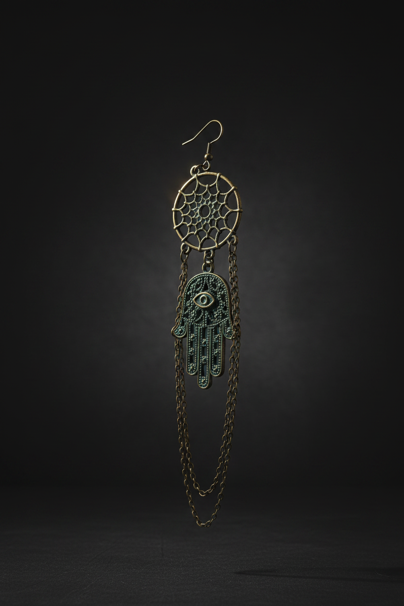 Dreamcatcher Hamsa Hand Drop Earring - Dark