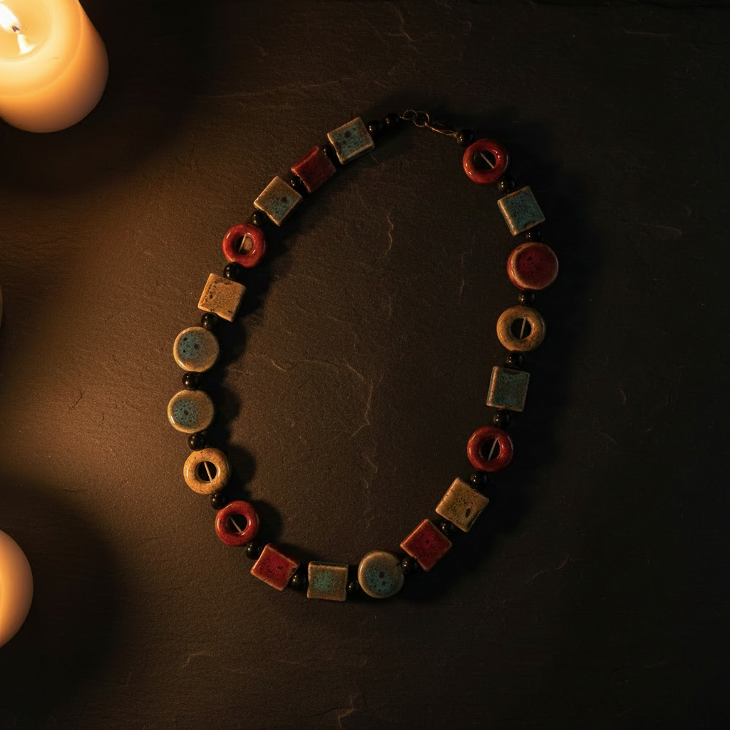 Glazed ceramic bead necklace on dark slate with warm golden lighting