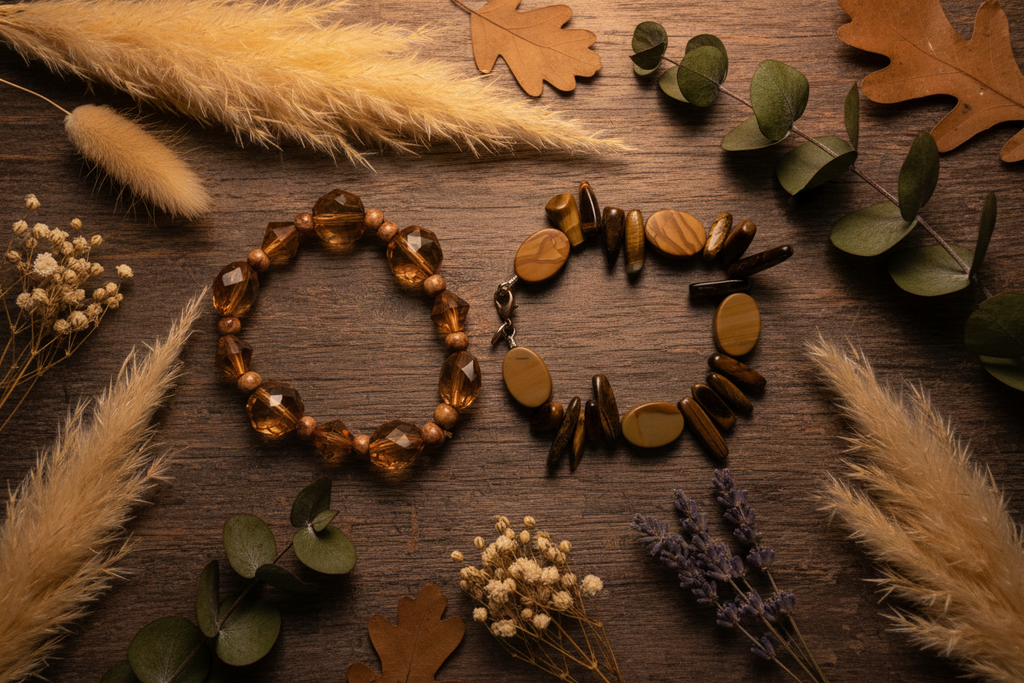 Golden Hour Bracelet Set rustic botanical flat lay