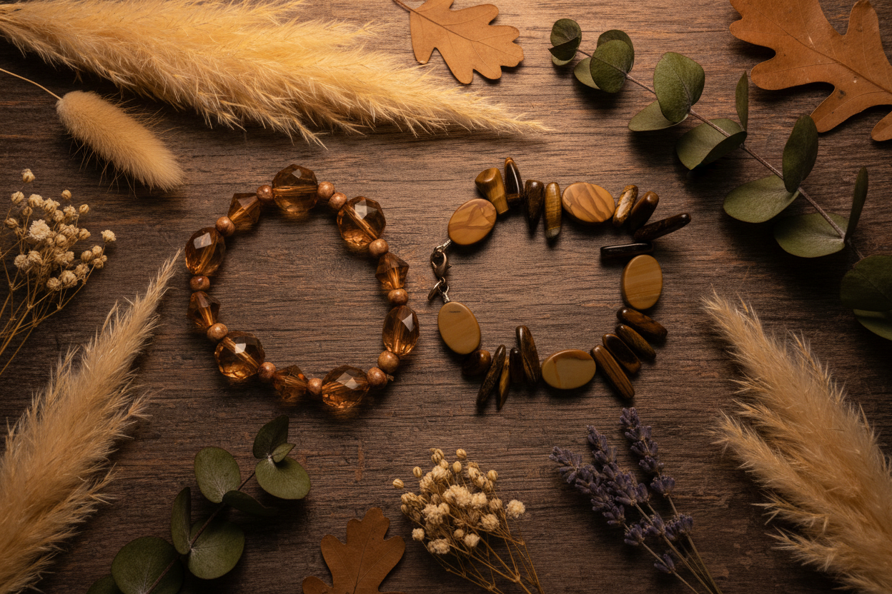 Golden Hour Bracelet Set rustic botanical flat lay
