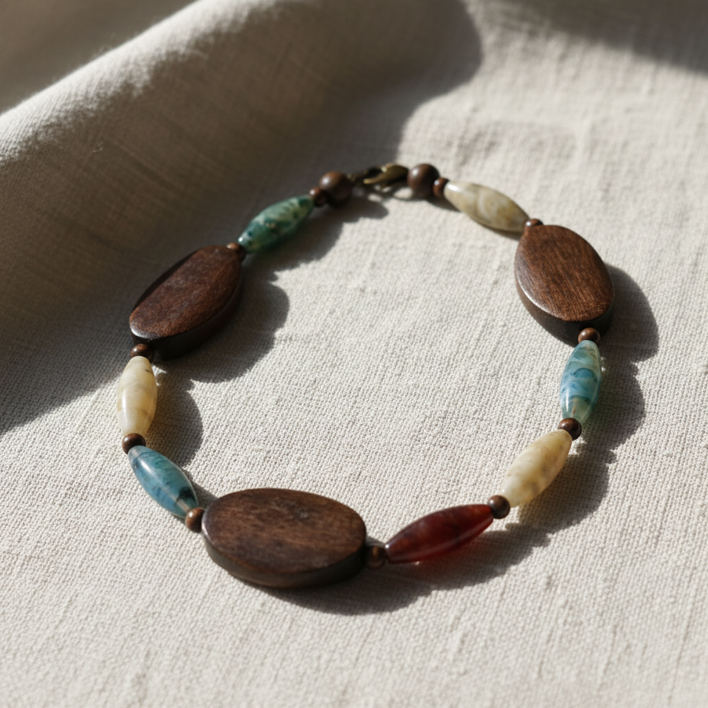 Tidal Drift Wood & Agate Bracelet on white linen flat lay