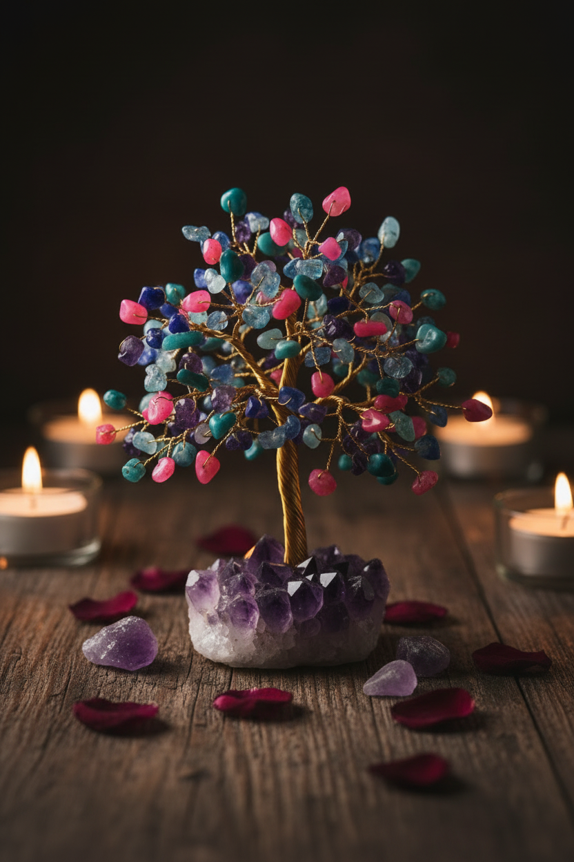 Mixed crystal wire tree on dark wood with rose petals and candlelight