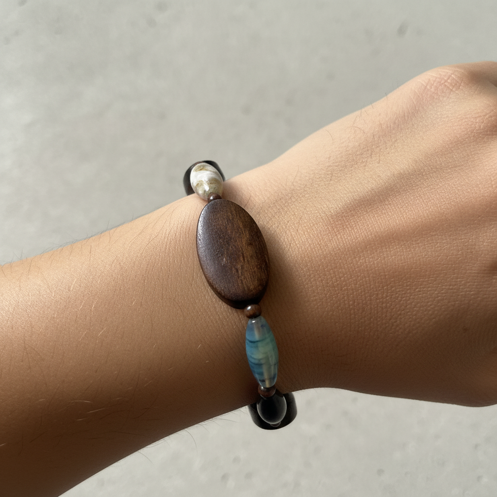 Tidal Drift Wood & Agate Bracelet worn on wrist close up