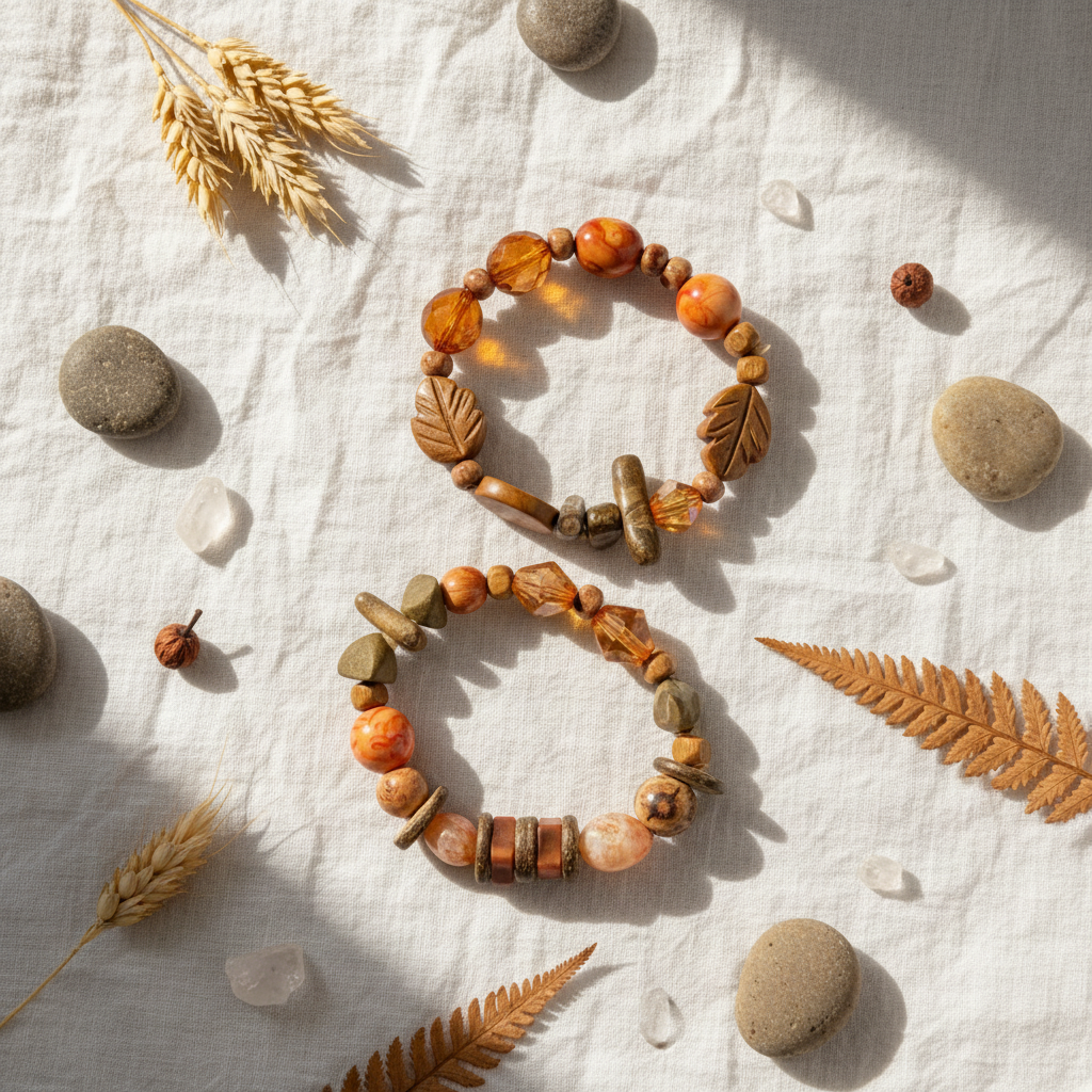 Earthy beaded bracelet set flat lay on white linen with dried botanicals