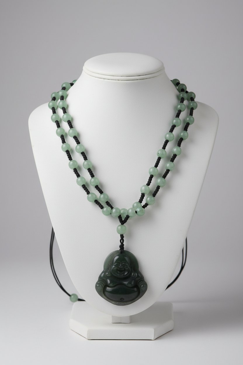 Jade Buddha Necklace on Display Stand