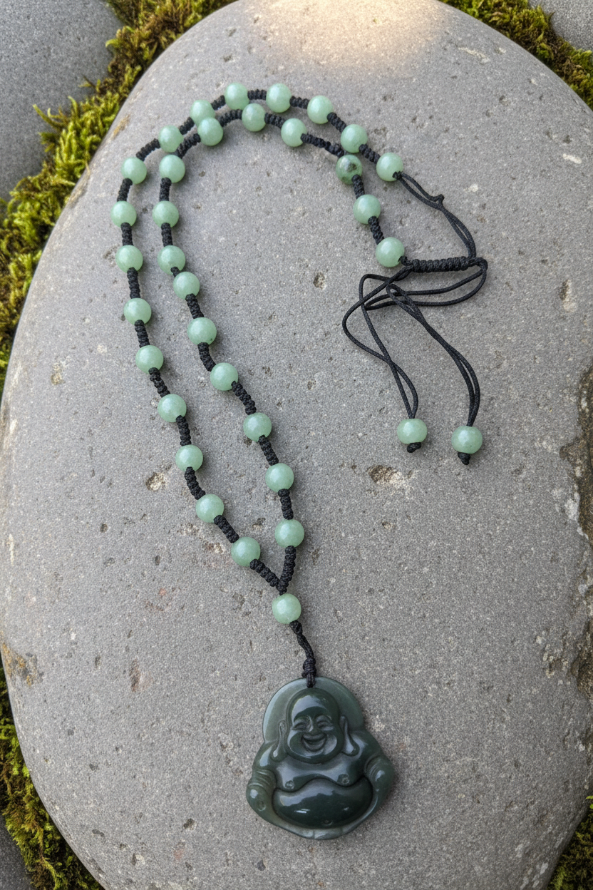 Jade Buddha Necklace Zen Flat Lay