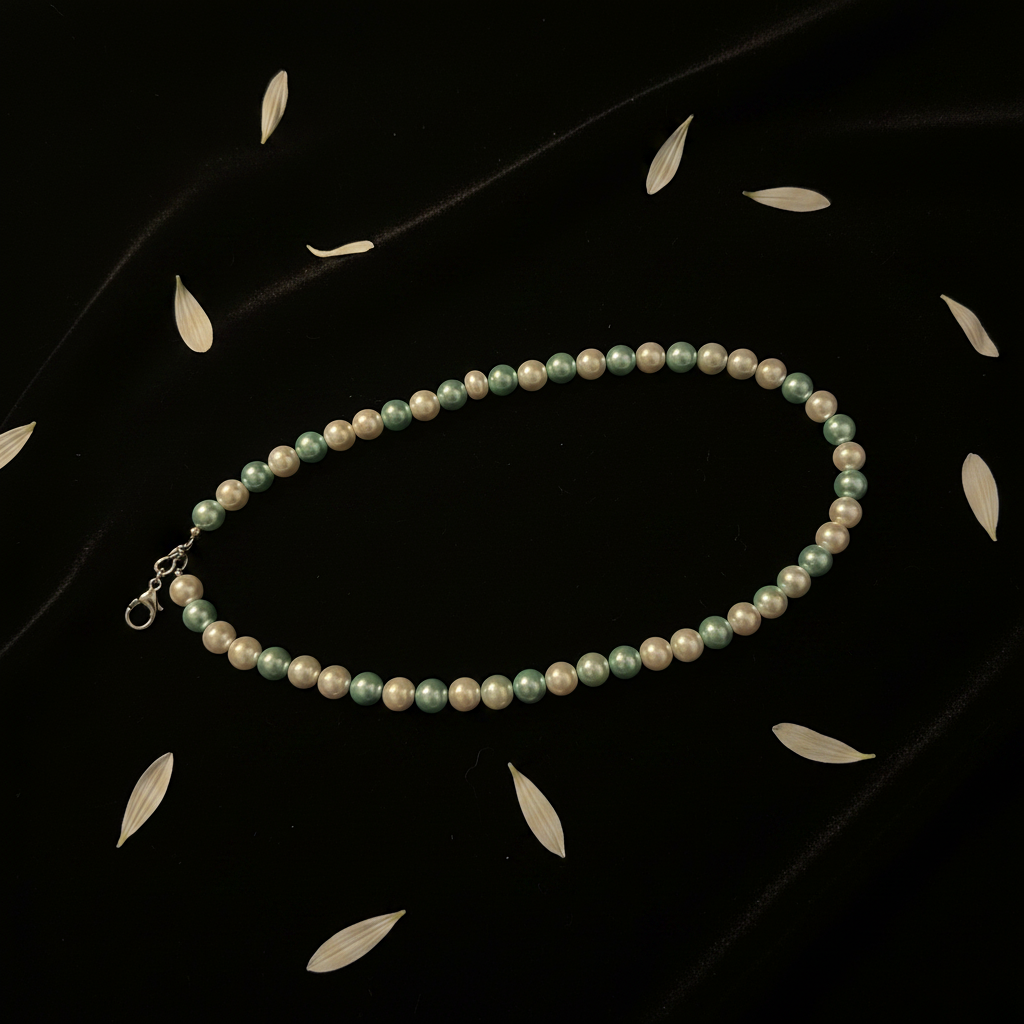 Mint Pearl Necklace Dark Moody Flat Lay