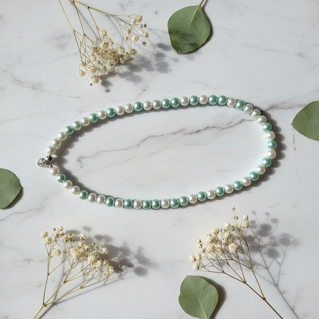 Mint Pearl Necklace Light Flat Lay