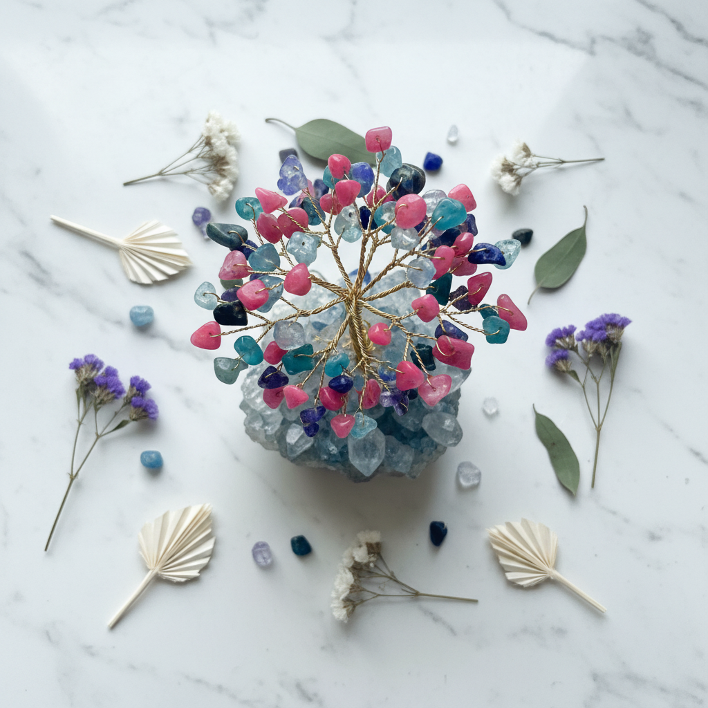 Mixed Crystal Wire Tree — Marble Flat Lay