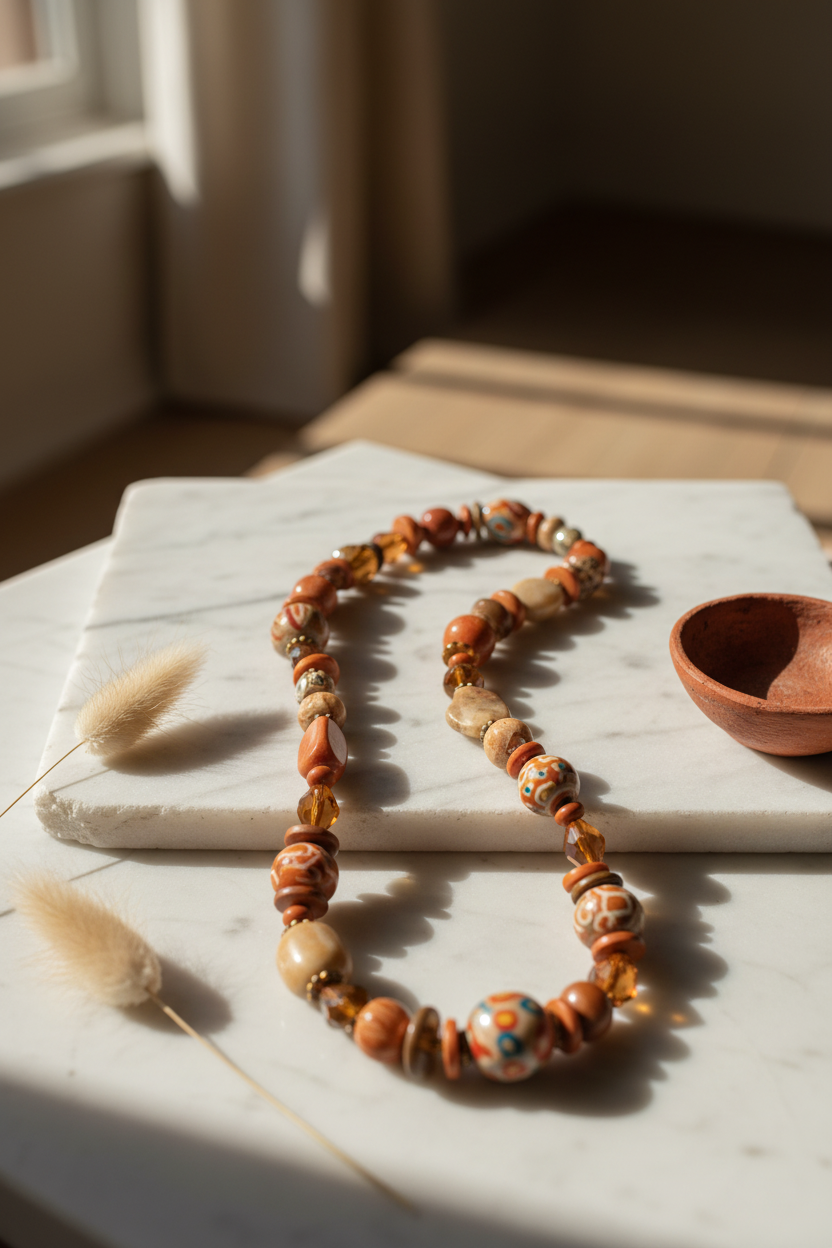 Natural Carved Bead Necklace - Marble Setting