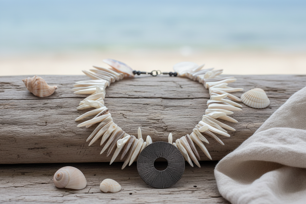 Natural Shell & Metal Disc Pendant Necklace