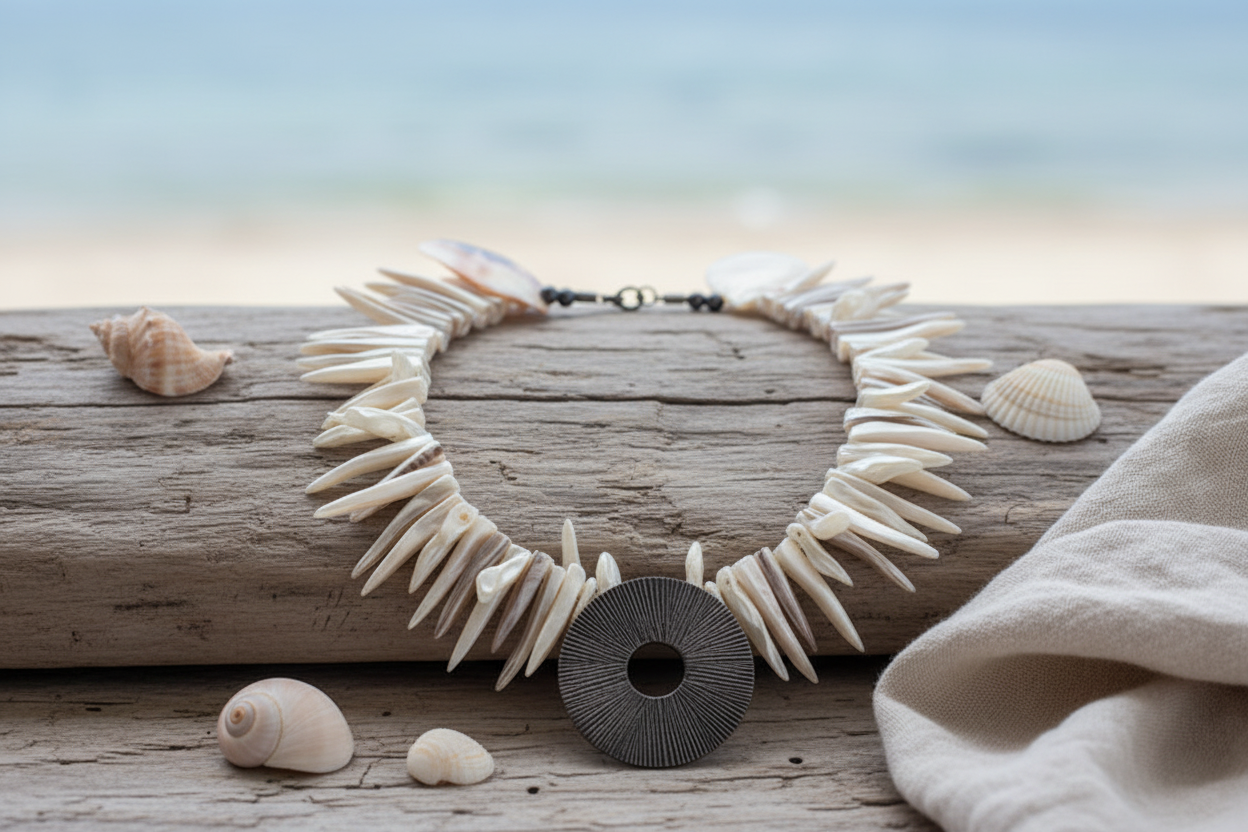 Natural Shell & Metal Disc Pendant Necklace