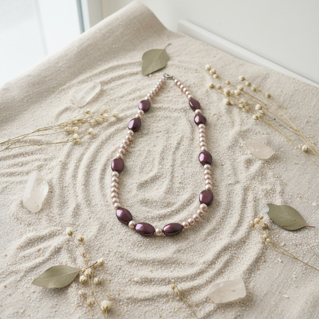 Pearl & Burgundy Necklace - Flat Lay
