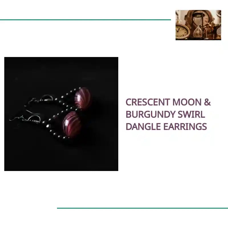 Crescent Moon &amp; Burgundy Swirl Dangle Earrings by@Outfy