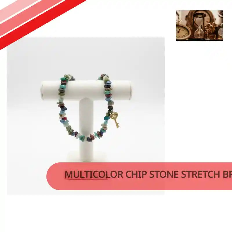Multicolor Chip Stone Stretch Bracelet with Gold Skeleton Key Charm by@Outfy