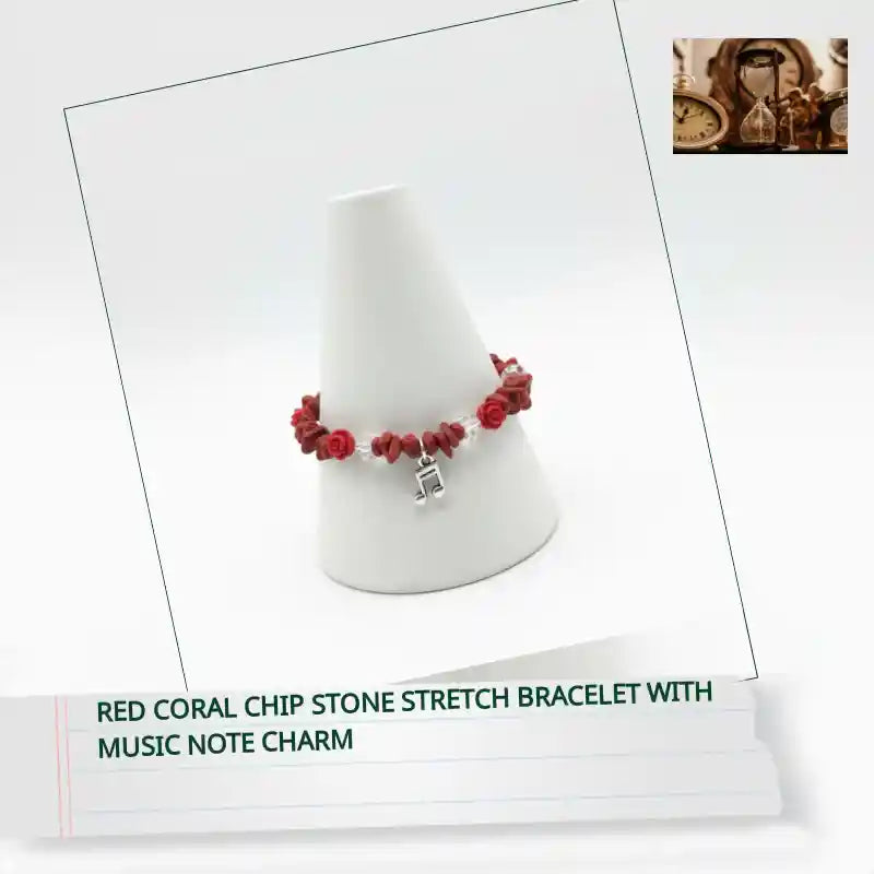 Red Coral Chip Stone Stretch Bracelet with Music Note Charm by@Outfy