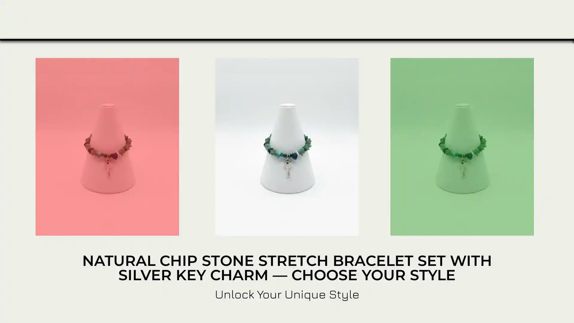 Natural Chip Stone Stretch Bracelet Set with Silver Key Charm &mdash; Choose Your Style by@Outfy