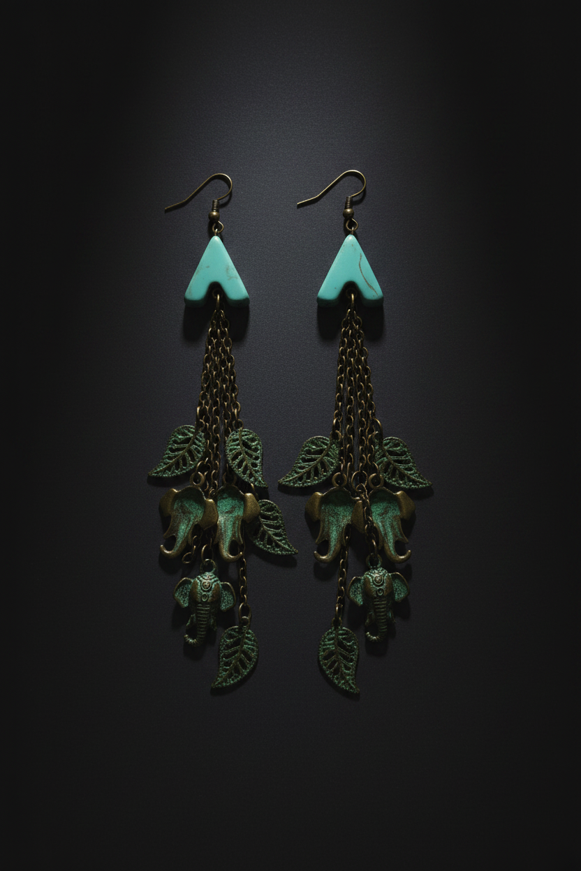 Turquoise Arrow & Elephant Charm Tassel Earrings - Dark