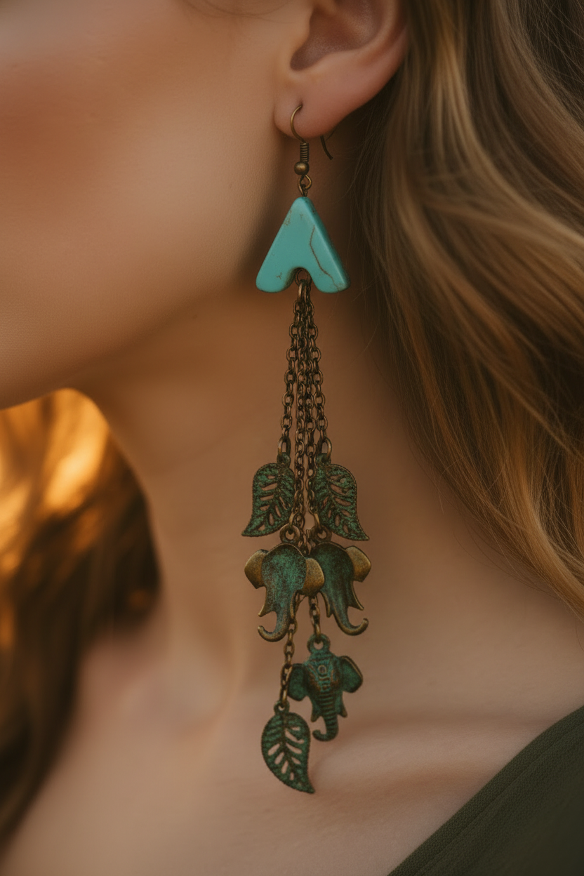 Turquoise Arrow & Elephant Charm Tassel Earrings - Detail