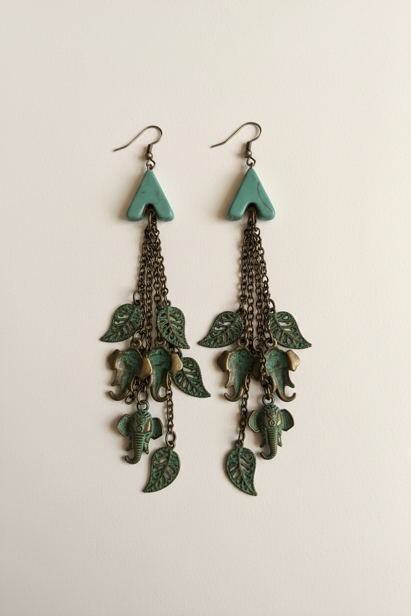 Turquoise Arrow & Elephant Charm Tassel Earrings Enhanced