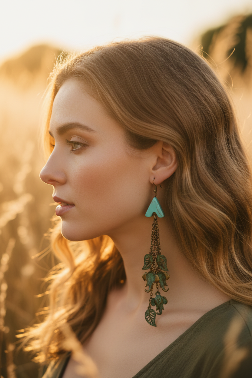 Turquoise Arrow & Elephant Charm Tassel Earrings - Lifestyle