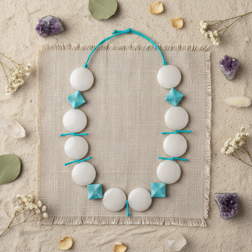 White Coin & Turquoise Necklace - Flat Lay