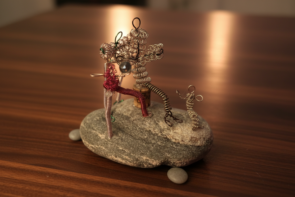 Wire Family Sculpture on River Stone